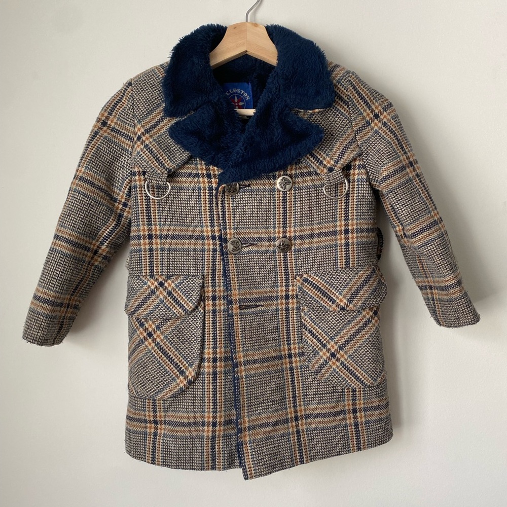 Vintage Fieldston Brown Blue Plaid Wool Boys Coat Size 6
